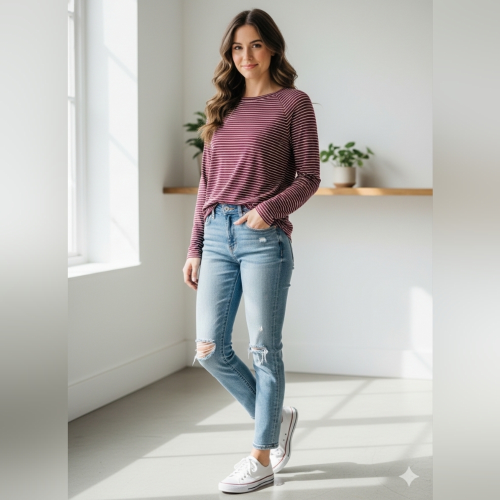 Aerie Maroon and White Striped Long Sleeve Top‎ Medium